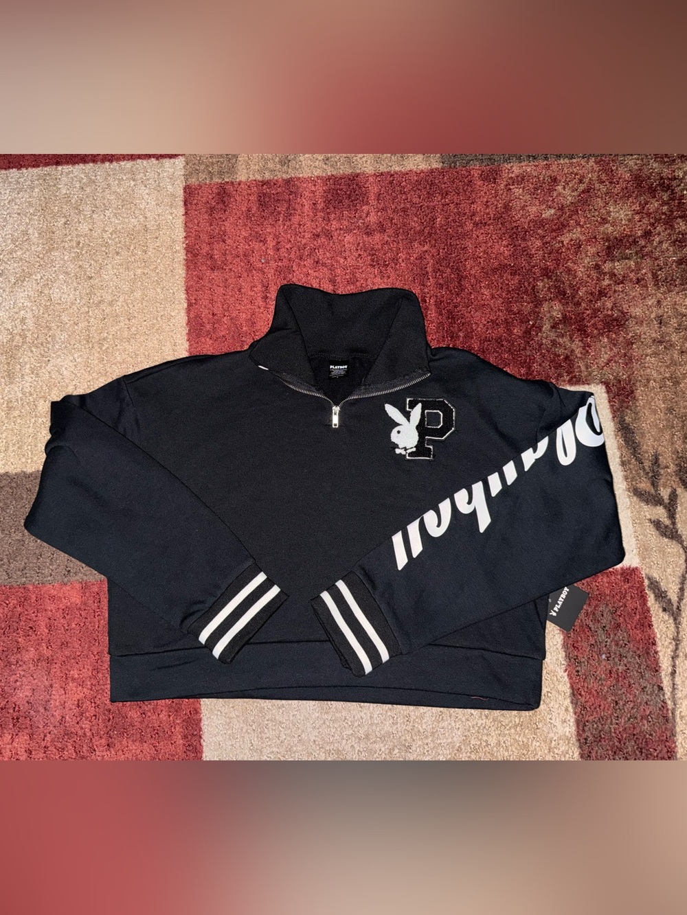 PLAYBOY Bunny Black Half-Zip Pullover with Sleeve Script- Size Large New